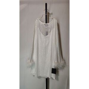 Lulu's White Sequin Dress with Feather Cuffs